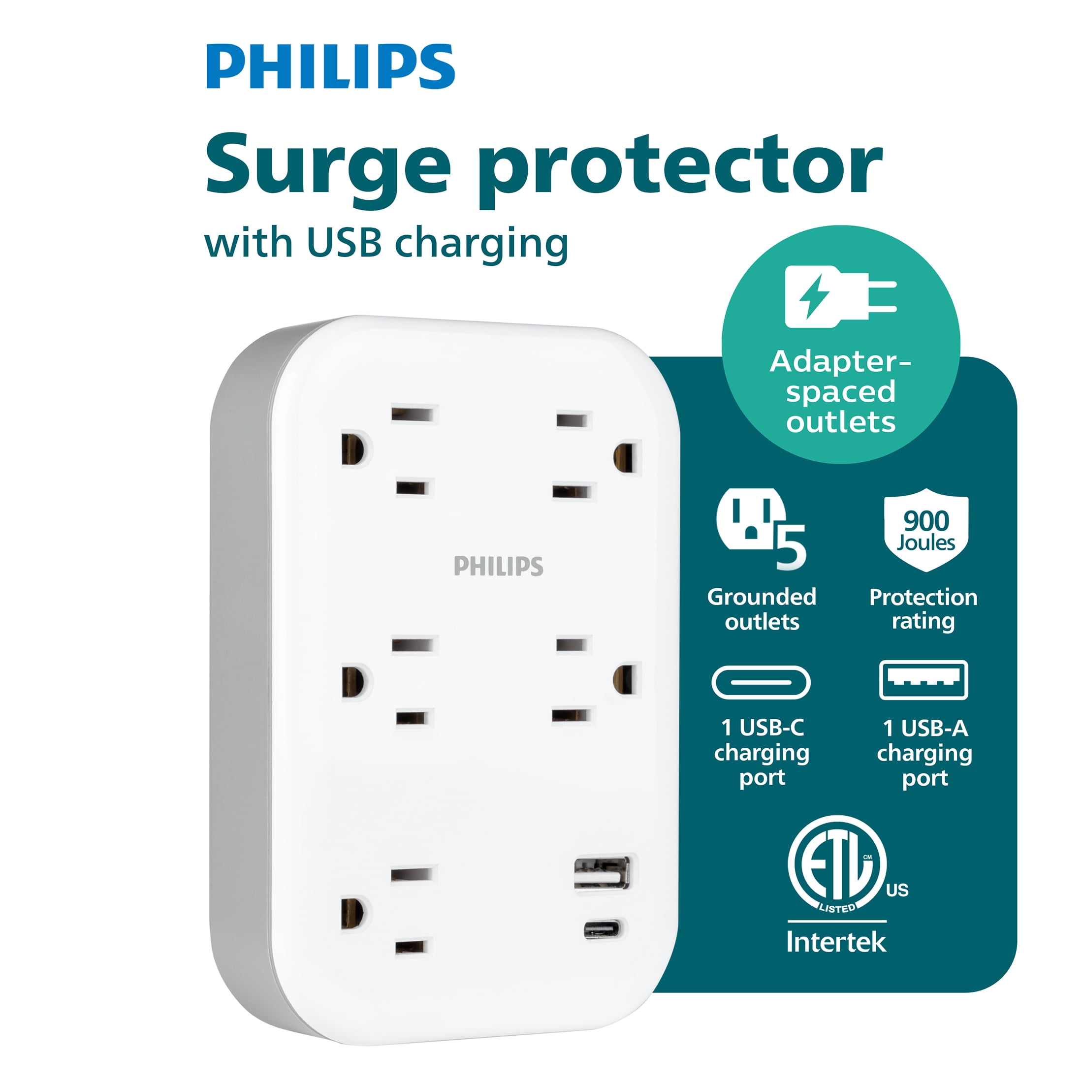 Philips 5 Outlet Surge Tap, Adapter Spaced, 1 USB-A, 1 USB-C, 17W, 900J, White