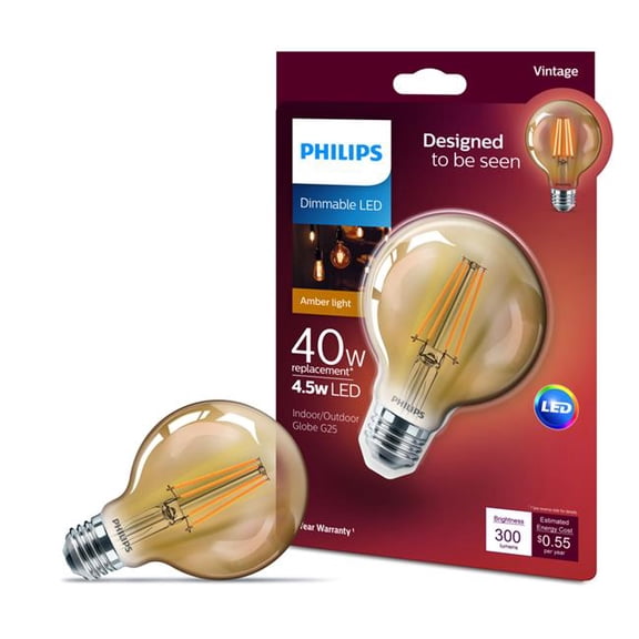 Philips 537589 G25 E26 Decorative LED Bulb, Amber Warm White, 4.5 Watts