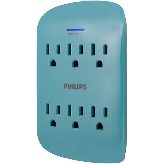 Philips 6 AC Surge Protector Wall Tap, Teal - SPP3461TL