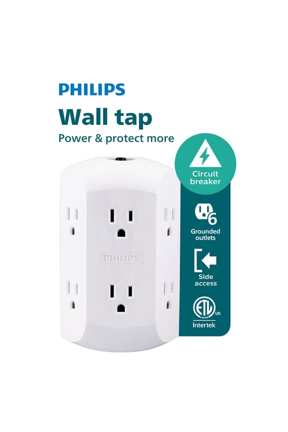 6 Outlet Grounded Wall Tap, Resettable Circuit Breaker, White, SPS1460WA/37