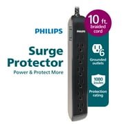 Philips 6-Outlet Surge Protector, 1080J, 10ft Braided Cord, Grounded, Black