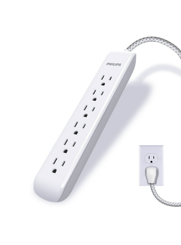 Philips 6-Outlet Surge Protector, 10ft Braided Cord, 1080J, White