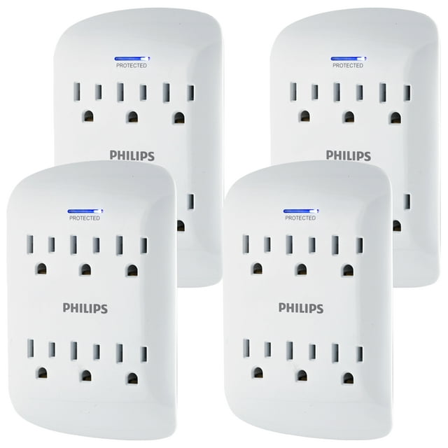 Philips 6-Outlet Surge Protector, 900J, White, 4 Pack, Space Saving
