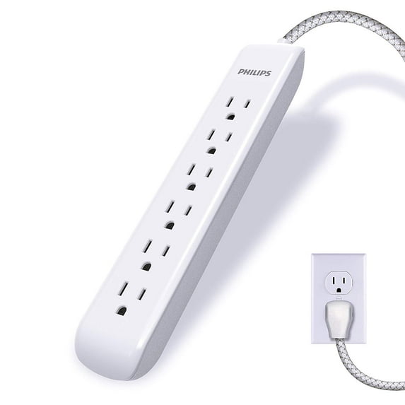 Philips 6-Outlet Surge Protector Power Strip, Designer Braided Cord, 4ft Cord Length, White, SPC3064WE/37