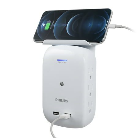 Philips 6-Outlet Tap with Device Shelf, 450J, 2 USB Ports (2.4A), White