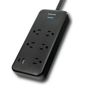Philips 6-ft 5-Outlet Surge Protector, 1 USB-a, 1 USB-C, 15W, 1500J, Braided Cord, Black