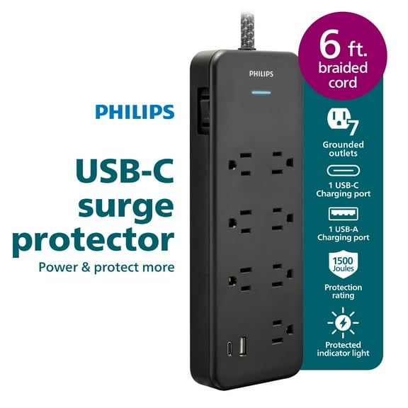 Philips 6-ft 7-Outlet Surge Protector, 7 Outlet, 1 USB-A, 1 USB-C, 15W, 1500J, Braided Cord, Black
