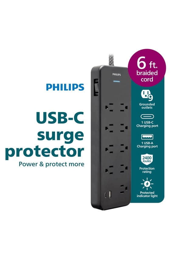 6-ft 9-Outlet Surge Protector, 1 USB-A, 1 USB-C, 15W, 2400J, Braided Cord, 6ft, Black