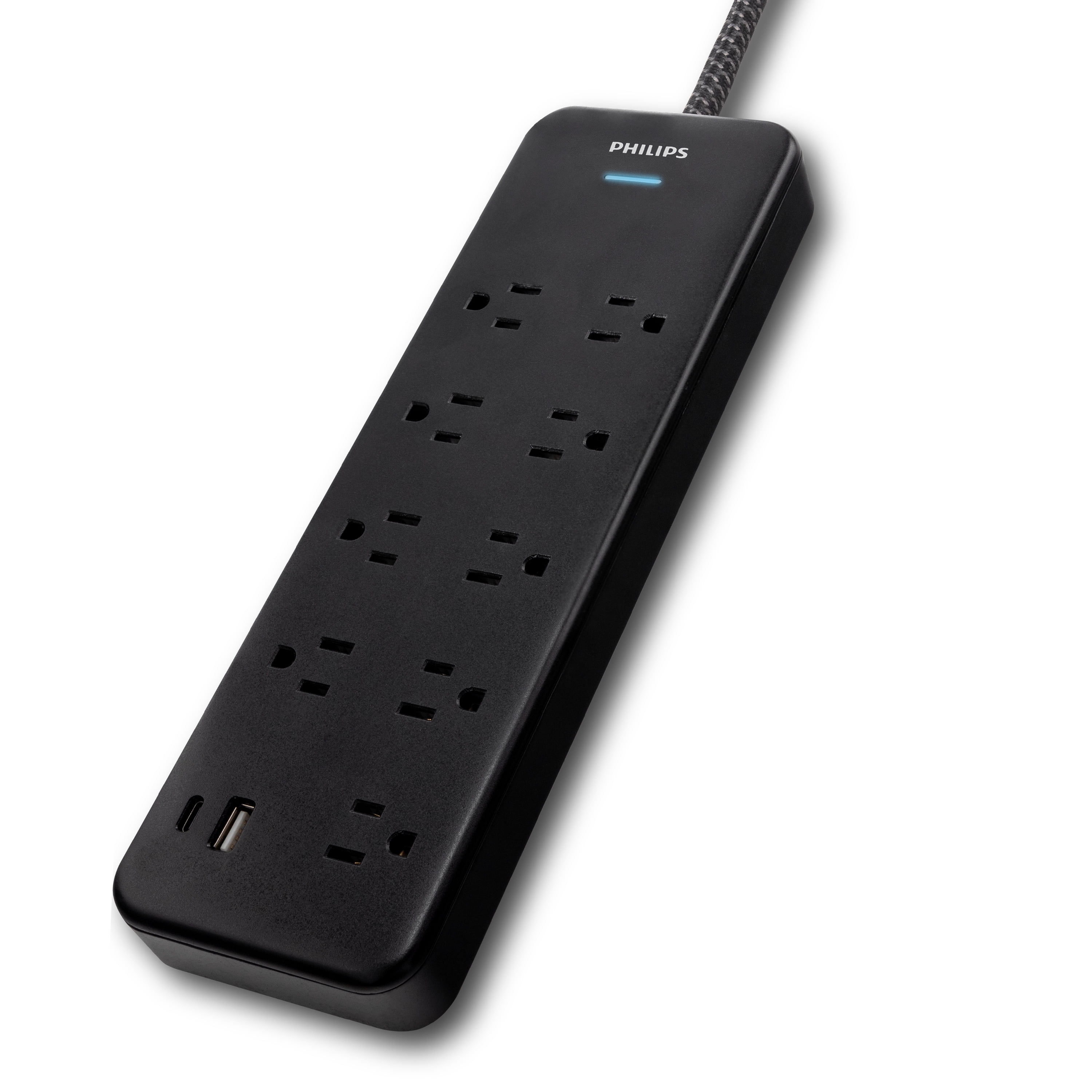 Philips Black 9-Outlet Surge Protector with USB Ports and Braided Cord