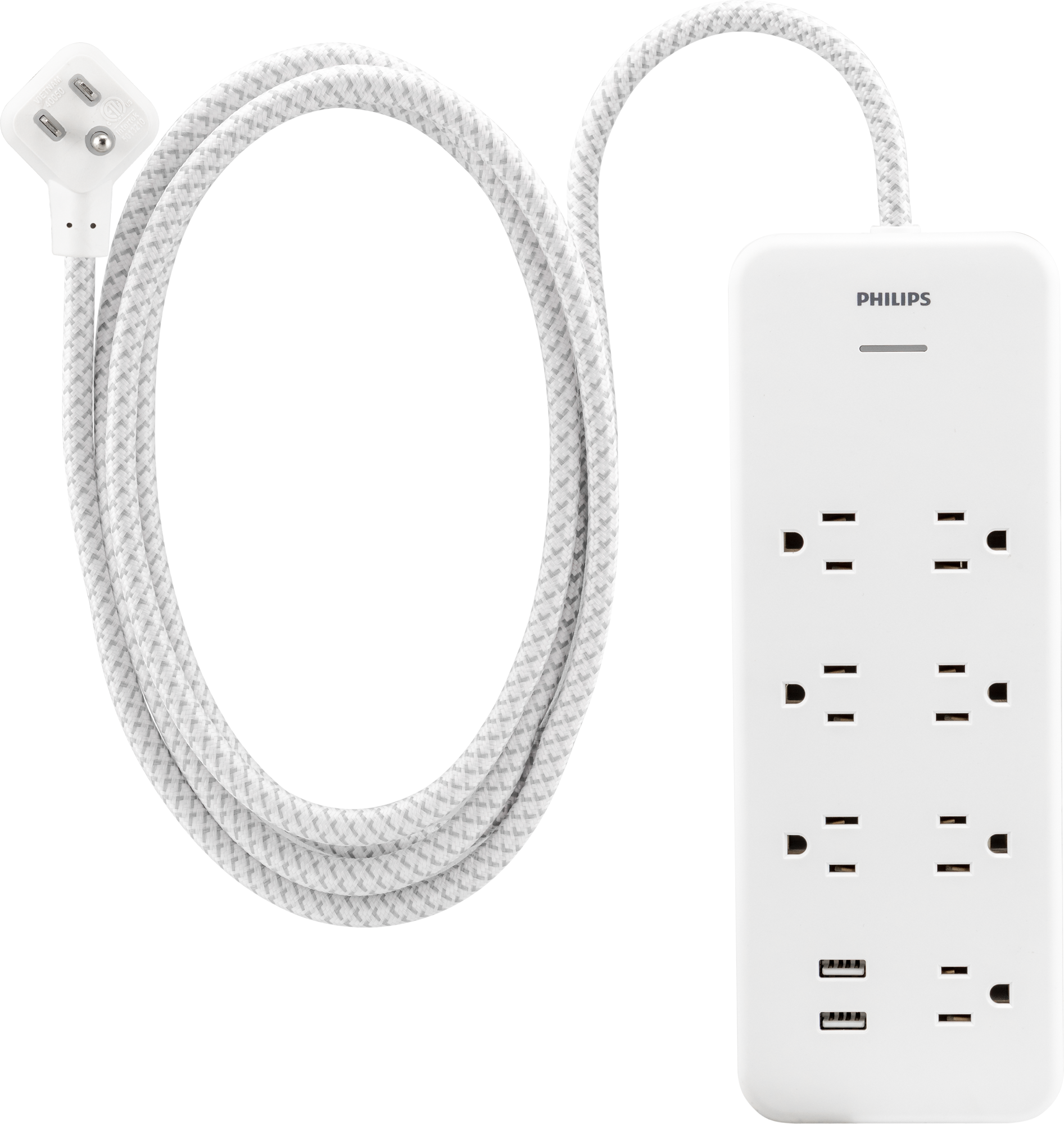 Philips 7-Outlet Surge Protector, 2USBA, 4ft Braided Cord, White, - image 1 of 11