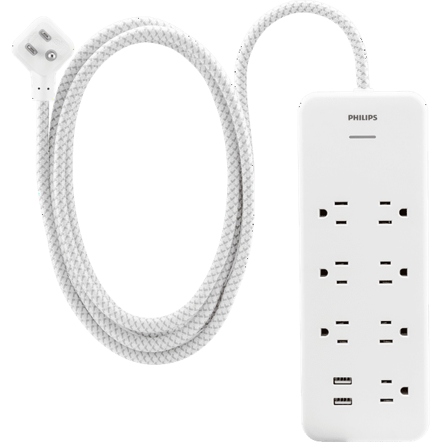 Philips 7-Outlet Surge Protector, 2USBA, 4ft Braided Cord, White,