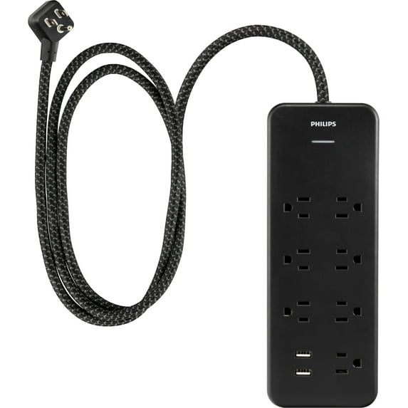 Philips 7-Outlet Surge Protector, 2USBA, Adapter-Spaced, 4ft Braided Cord