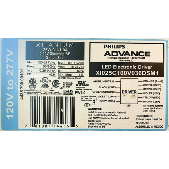 Philips Advance Xitanium XI025C100V036DSM1 LED Electronic Driver, 25 watt, 0-10v Dimming, SimpleSet Programmable, Bottom Entry