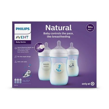 Philips Avent 3pk Natural Baby Bottle with Natural Response Nipple - Blue Otter/Anchor - 9oz