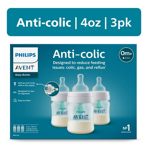 Philips Avent Anti-colic Baby Bottle with AirFree Vent, 4oz, 3pk, Clear, SCY701/93
