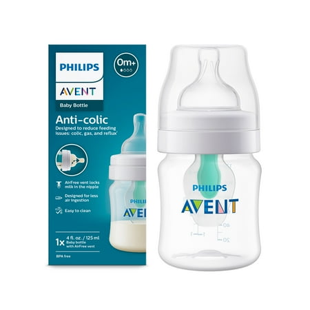 Philips Avent Anti-colic Baby Bottle with AirFree Vent, 4oz, with Flow 1 Nipples, 0M+, 1pk, Clear, SCY701/91
