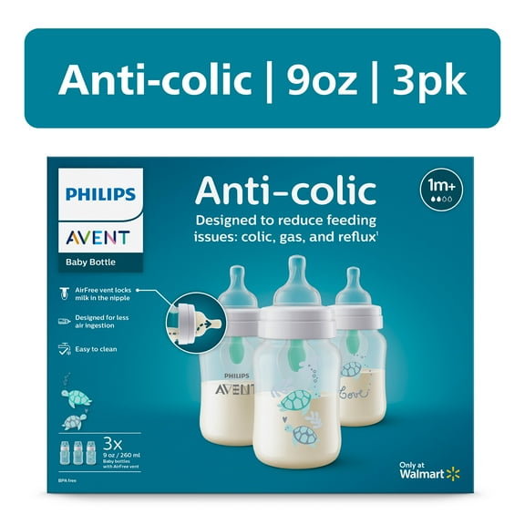 Philips Avent Anti-colic Baby Bottle with AirFree Vent with Turtle Design, 9oz, 3pk, SCY703/78