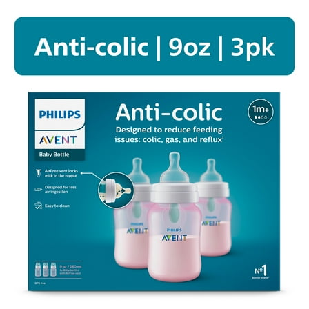 Philips Avent Anti-colic Bottle with AirFree Vent, 9oz, 3pk, Pink, SCY703/13
