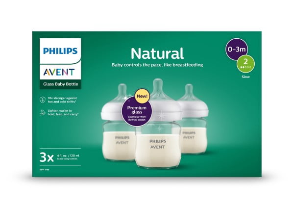 Philips Avent Natural Glass Baby Bottles with Natural Response Nipples (Slow Flow, Flow 2), 4oz, 3-Pack, SCY914/03