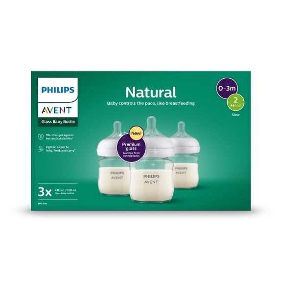 Philips Avent Natural Glass Baby Bottles with Natural Response Nipples (Slow Flow, Flow 2), 4oz, 3-Pack, SCY914/03