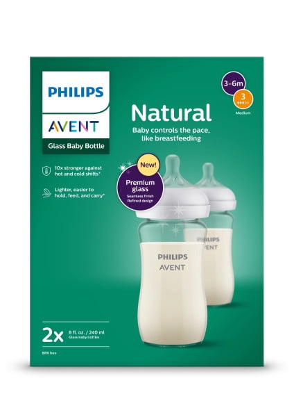 Philips Avent Natural Glass Baby Bottles with Natural Response Nipples (Medium Flow, Flow 3), 8oz, 2-Pack, SCY916/02