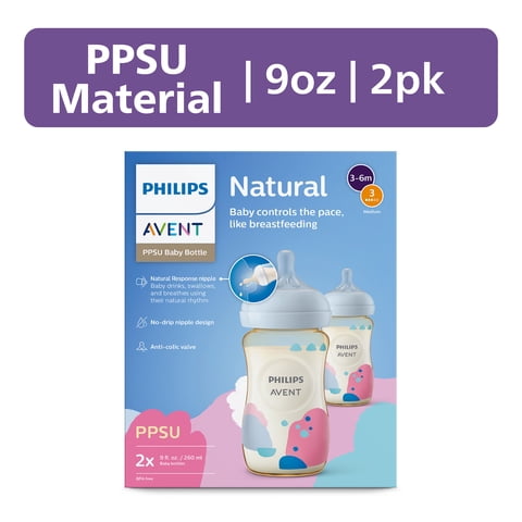 Philips Avent Ppsu Natural Baby Bottles with Medium Flow Nipples (Flow 3), 9oz, with Decoration, 2-Pack, SCY943/02
