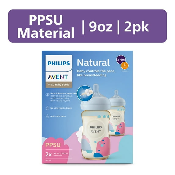 Philips Avent Ppsu Natural Baby Bottles with Medium Flow Nipples (Flow 3), 9oz, with Decoration, 2-Pack, SCY943/02