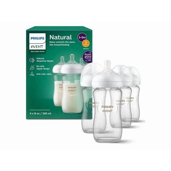 Philips Avent Glass Natural Baby Bottle With Natural Response Nipple, 8oz, 4pk, SCY913/04