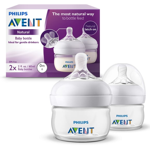 Philips Avent Natural Baby Bottles, with First Flow Nipple, 2oz, 2 Pack, SCF019/25