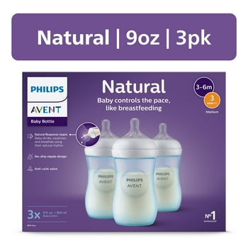 Philips Avent Natural Baby Bottles with Natural Response Nipples (Medium Flow, Flow 3), 9oz, Blue, 3-Pack, SCY903/23