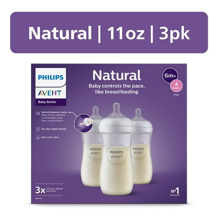 Philips Avent Natural Baby Bottles with Natural Response Nipples (Fast Flow, Flow 4), 11oz, 3-Pack, SCY906/93