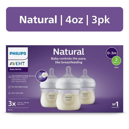 Philips Avent Natural Baby Bottle with Natural Response Nipple (Slow Flow, Flow 2), 4oz, 3-Pack, SCY900/93