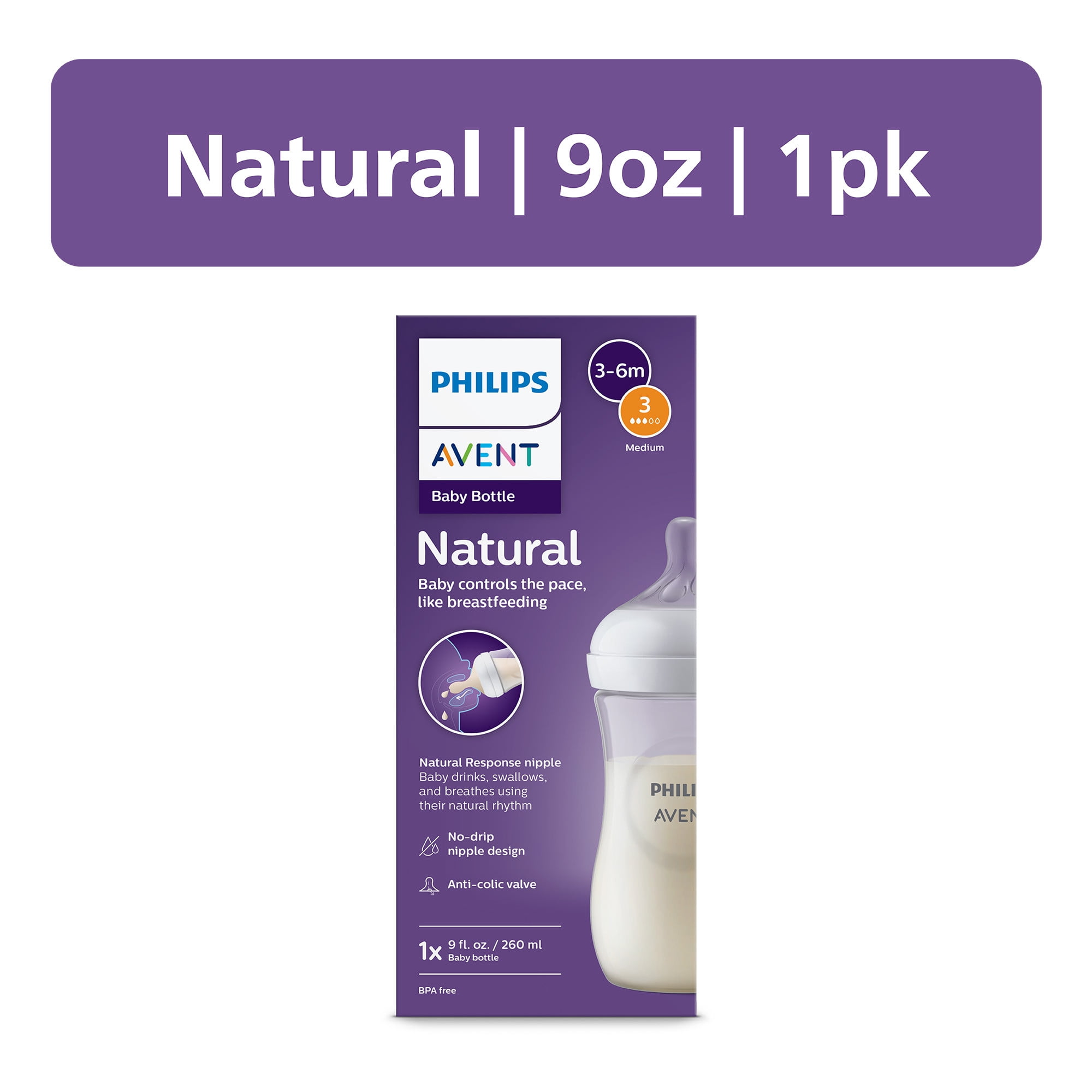 Philips Avent Natural Baby Bottle with Natural Response Nipple (Medium Flow,Flow 3), 9oz, SCY903/91