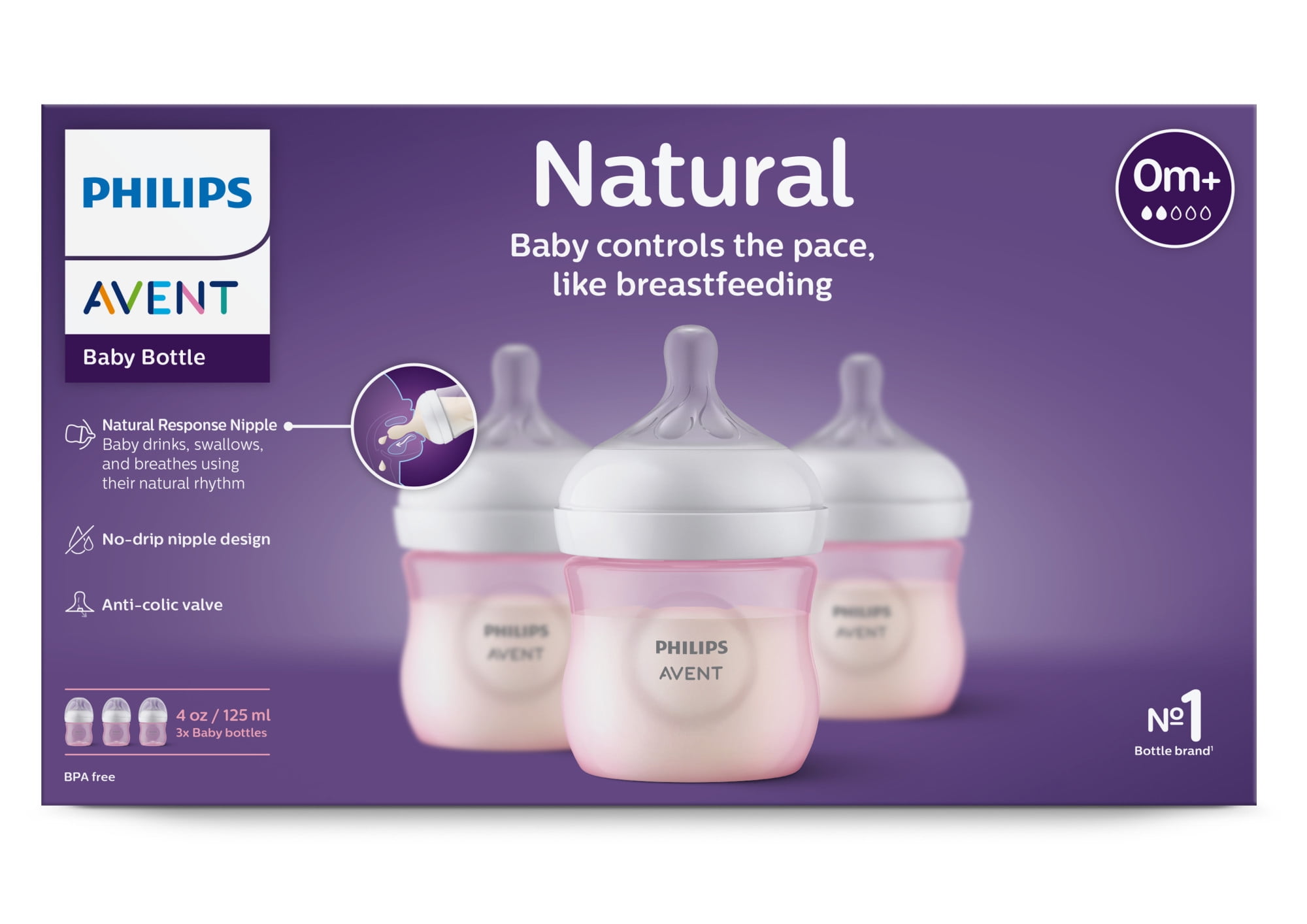 Philips Avent Natural Baby Bottle, Anti-Colic, 4oz, Pink, 3pk