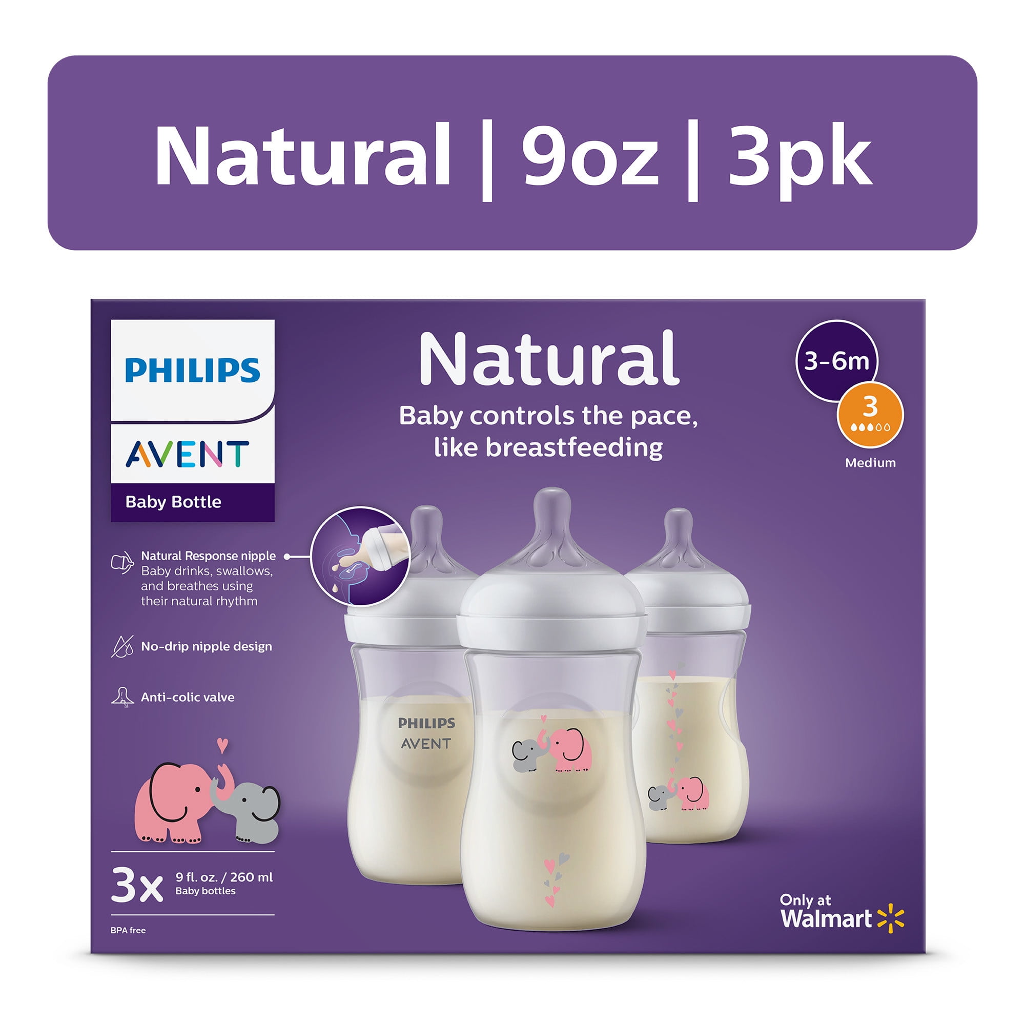 Philips Avent Natural Baby Bottle with Natural Response Nipple (Medium Flow, Flow 3), with Pink Elephant Design, 9oz, 3pk, SCY903/62