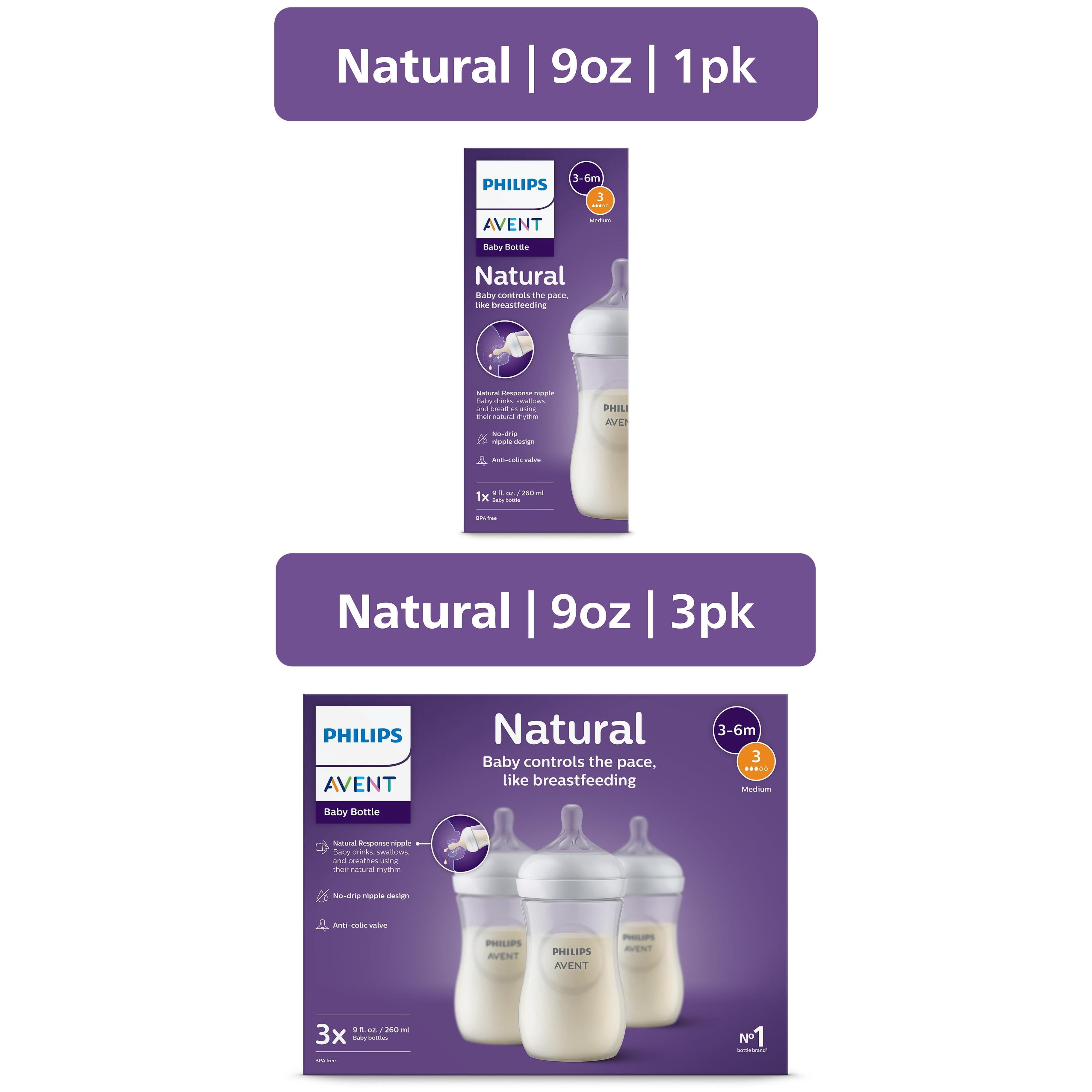 Philips Avent Natural Baby Bottles with Natural Response Nipples (Medium Flow, Flow 3), 9oz, 4-Pack, SCY903/93