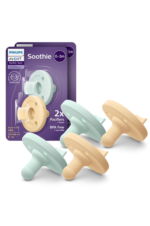 Soothie Baby Pacifiers - 100% Silicone Pacifiers For Babies 0-3 Months, One-Piece Design, Bpa-Free, Extra Durable, Green and Yellow, 4 Pack, Model SCF190/71