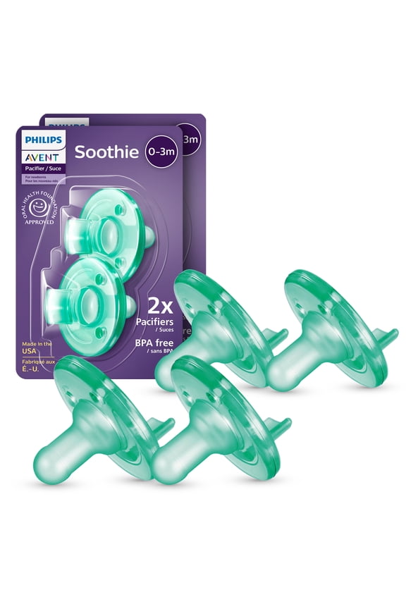 Soothie Baby Pacifiers - 100% Silicone Pacifiers For Babies 0-3 Months, One-Piece Design, Bpa-Free, Extra Durable, Green, 4 Pack, Model SCF190/41