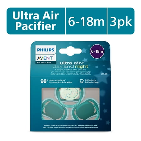 Philips Avent Ultra Air Day-Time/Night-Time Pacifier 6-18M, Deep Opal / Sleeping Moon, 3 Pack, SCF085/68