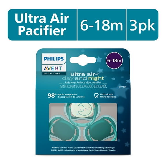 Philips Avent Ultra Air Day-Time/Night-Time Pacifier 6-18M, Deep Opal / Sleeping Moon, 3 Pack, SCF085/68
