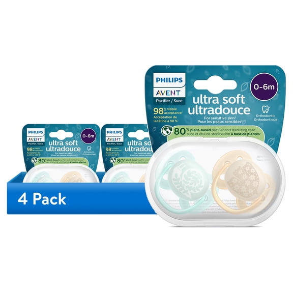 (4 pack) Philips Avent Ultra Soft Pacifier 0-6M, Bird / Snail, 2 Pack, SCF091/41