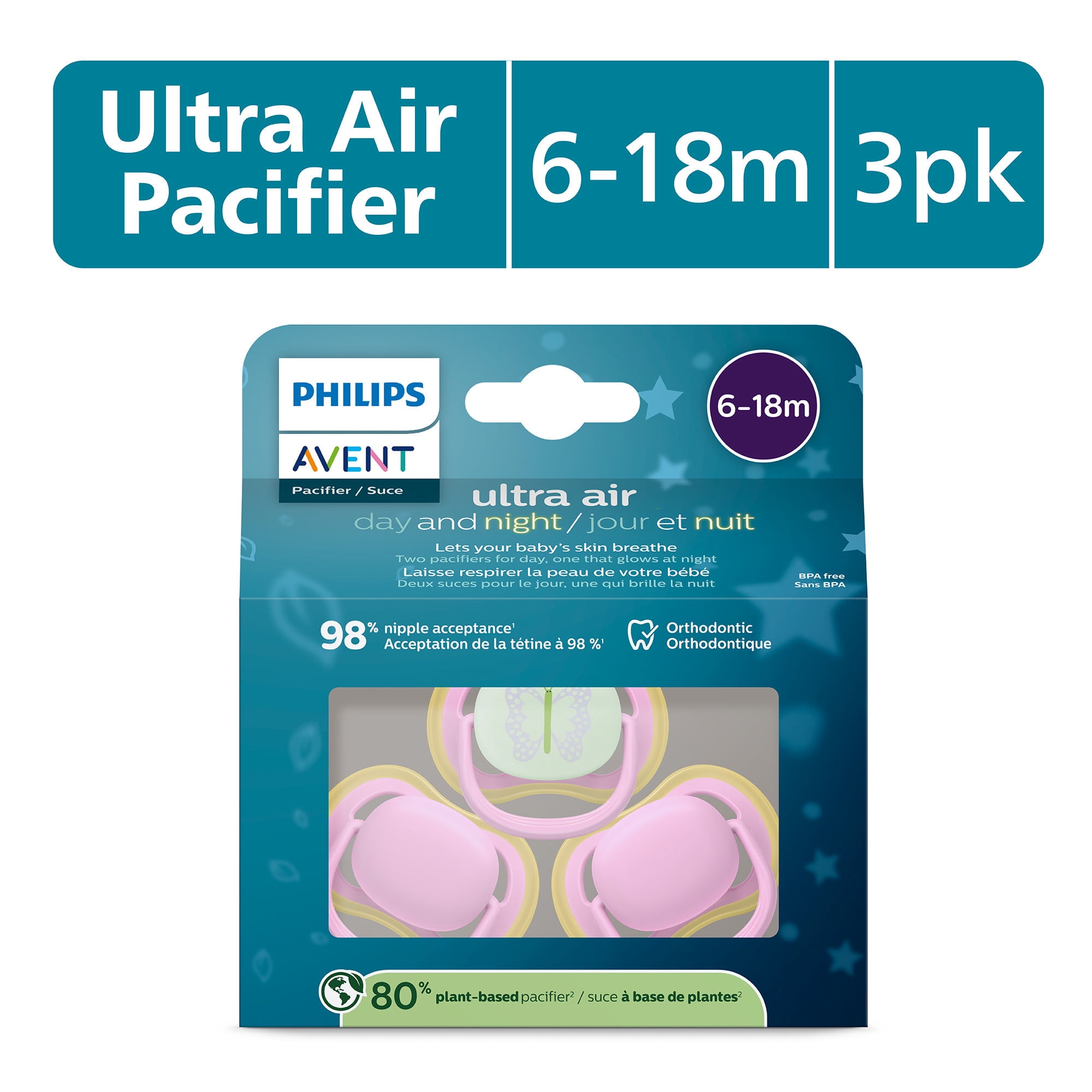 Philips Avent Ultra Air Pacifier 6-18M, Quiet Pink / Butterfly, Day+Night 3 Pack, SCF087/30