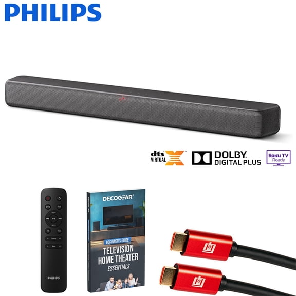 Philips B5109 2.0 Channel Bluetooth Soundbar, Dark Grey TAB5109/37 Bundle with 6FT Universal 4K HDMI 2.0 Cable and Deco Gear Home Theater Beginner's Guide