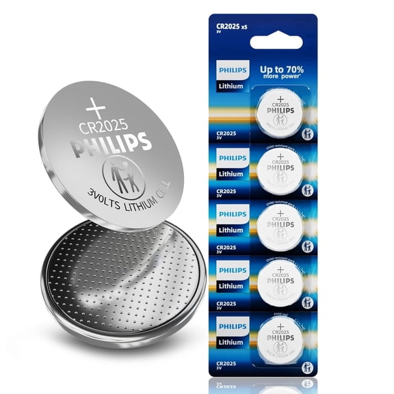 Philips CR2025 3V Lithium Coin Battery (5-Pack) - CR2025 Batteries, Ultra-Thin Design for Key Fobs, Bluetooth Devices, Electronics