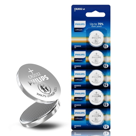 Philips CR2032 Battery (5 Pack), 3V Lithium Coin Cell Battery Long-Lasting, Leak-Free, CR 2032 Batteries for Key Fob, Watches, Small Electronic Devices
