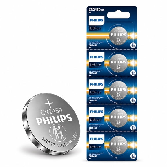 Philips CR2450 3V Lithium Coin Cell Battery, 5 Count, Long-Lasting Power