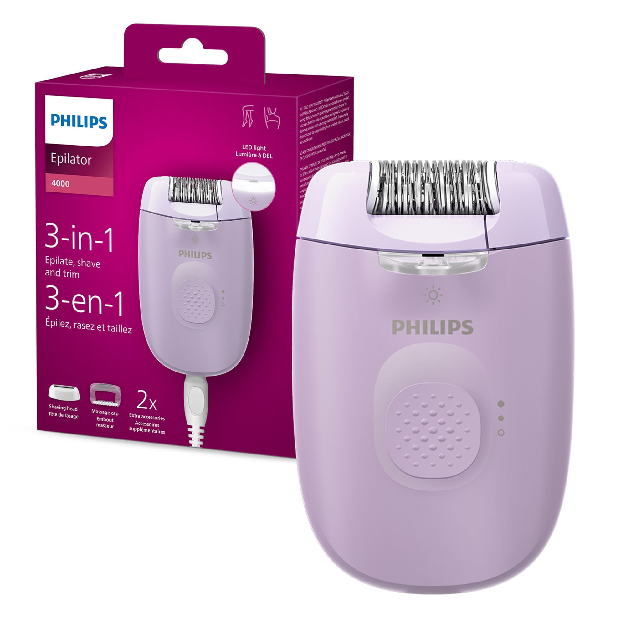 Philips Corded Epilator, LED light, 2 speed settings, 4 accessories, light purple color, BRE257/04