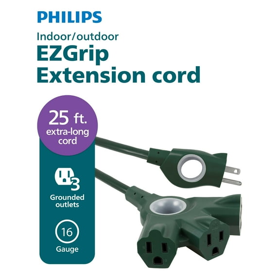 Philips EZGrip 25FT 16AWG 3-Outlet Extension Cord, Green Indoor/Outdoor, 15A