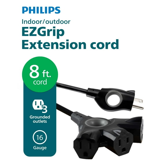 Philips EZGrip 8FT 16AWG 3-Outlet Grounded Extension Cord, Black, Indoor/Outdoor