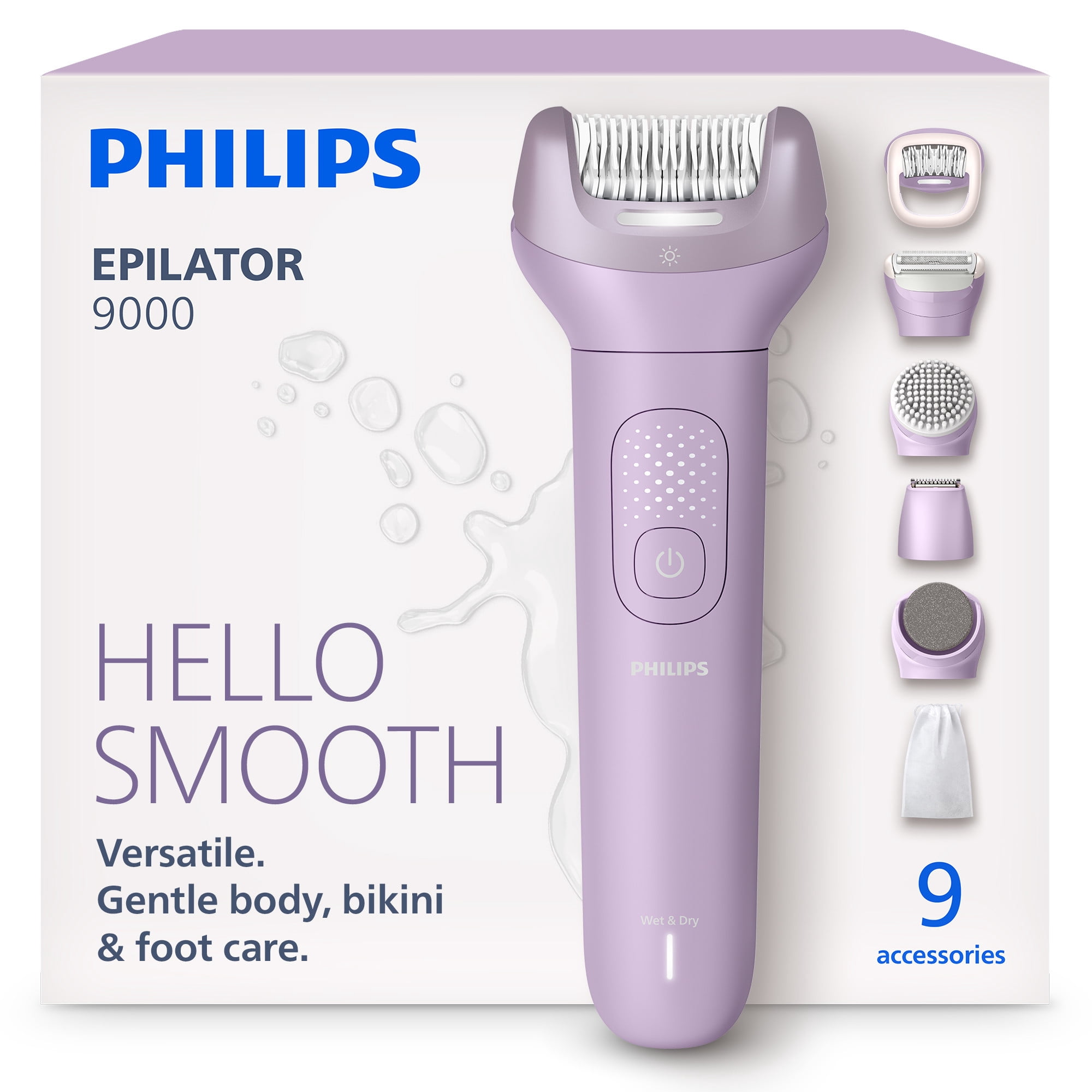 Philips Epilator Series 9000 - Cordless Wet and Dry Electric Epilator, Hair Removal For Legs, Body and Bikini, with Proguide, 9 Accessories Including Pedicure Head, 60 Min. Runtime, Model BRE728/00